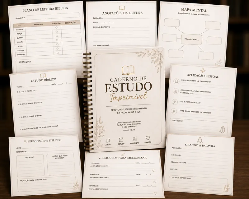 Mockup do bônus Caderno de Estudo Imprimível