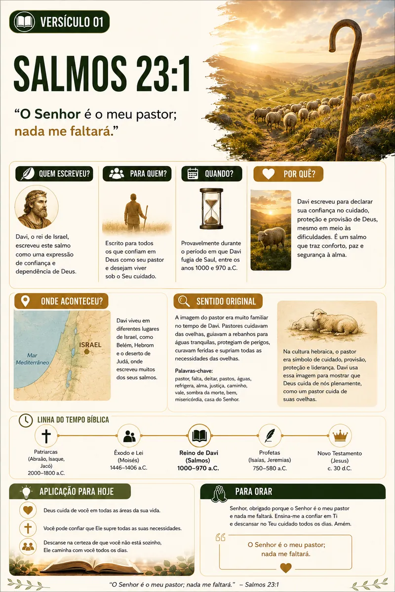 Página do guia sobre Salmos 23:1 com mapa, linha do tempo e sentido original