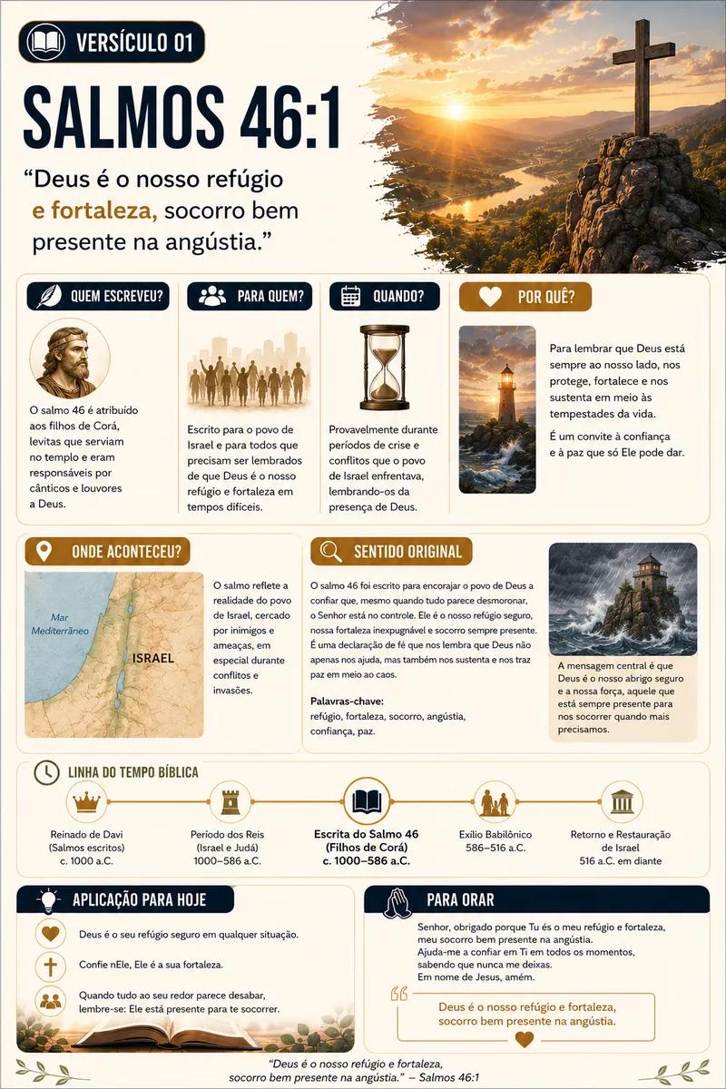 Página do guia sobre Salmos 46:1 com aplicação e oração