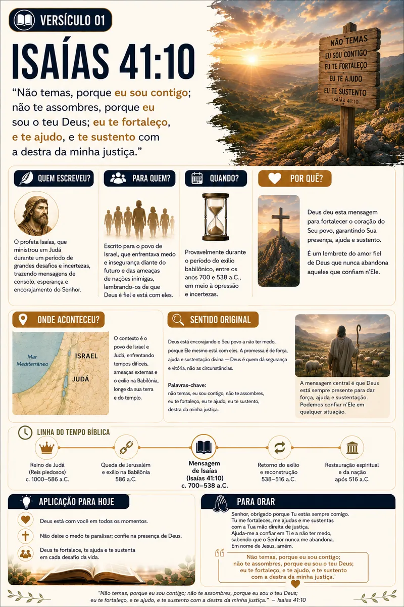 Página do guia sobre Isaías 41:10 com palavras-chave e linha do tempo bíblica