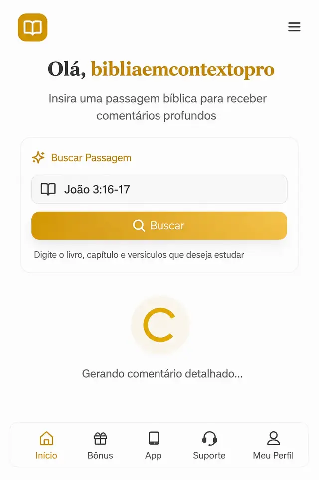 Tela do aplicativo Bíblia em Contexto Pro gerando comentário detalhado de João 3:16-17