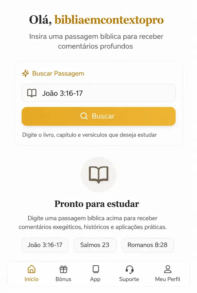 Tela do aplicativo Bíblia em Contexto Pro pronta para estudar com sugestões de passagens